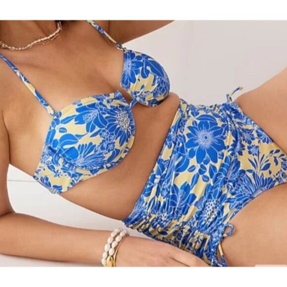 J.Crew Ruched high-rise bikini bottom Small with Top 36A Blue Floral Tropical - Picture 1 of 9
